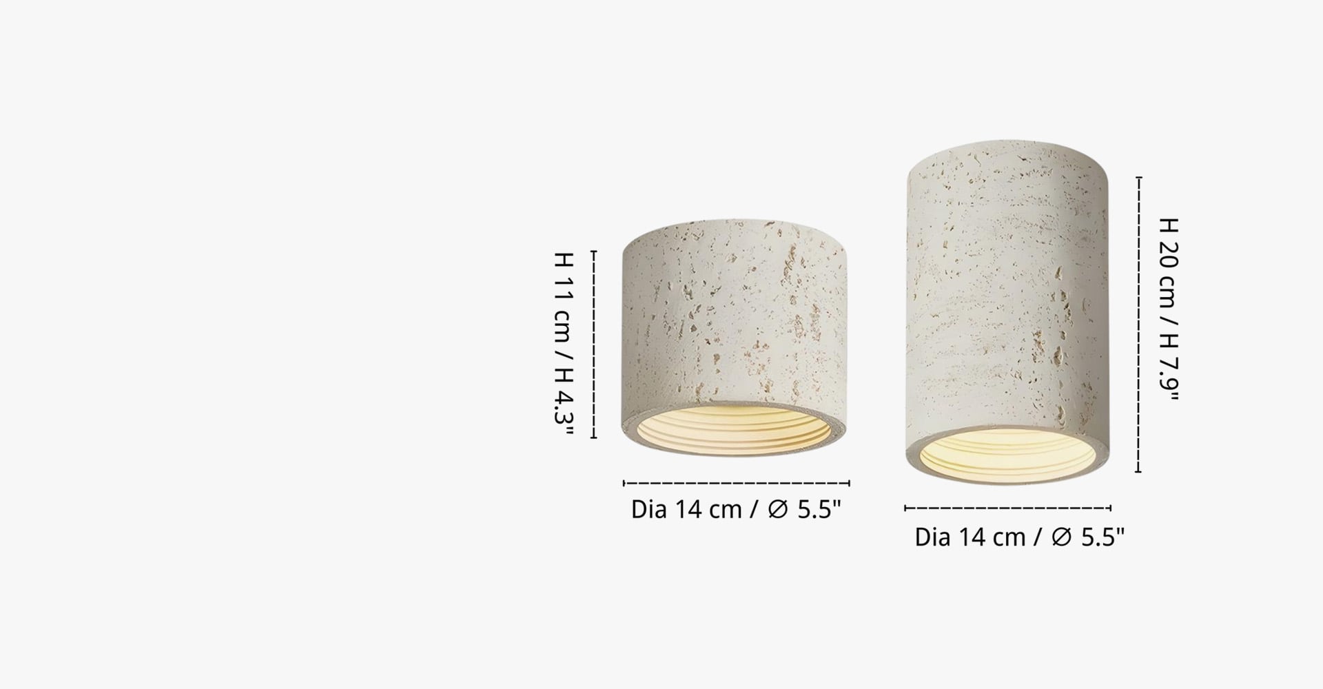 Productafmetingen — Dia 14 cm x H 11 cm/∅ 5.5″ x H 4.3″ Dia 14 cm x H 20 cm/∅ 5.5″ x H 7.9″