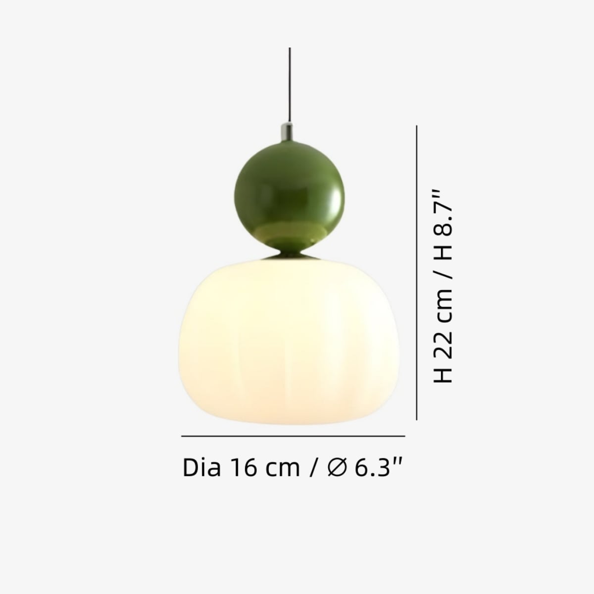Średnica 16 cm × wys. 22 cm / ∅ 6,3″ × wys. 8,7″