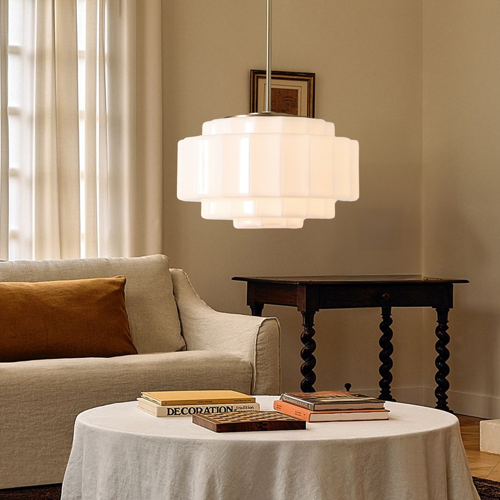 Winry Antique Brass Tiered Milk Glass Pendant Light
