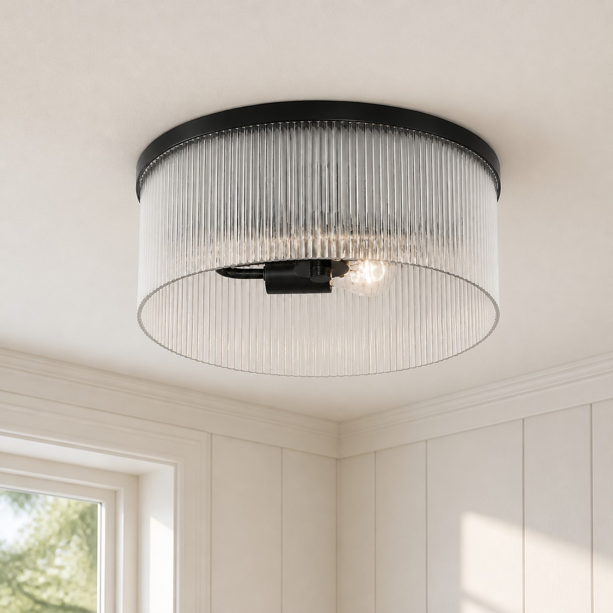 Sylan Farmhouse Round Ribbed Glass Flush Mount Ceiling Light