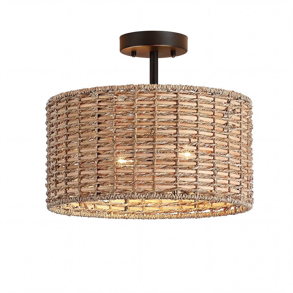 Lannister Coastal 2-Light Semi-Flush Mount Ceiling Light with Hand Woven Drum Shade for Bedroom