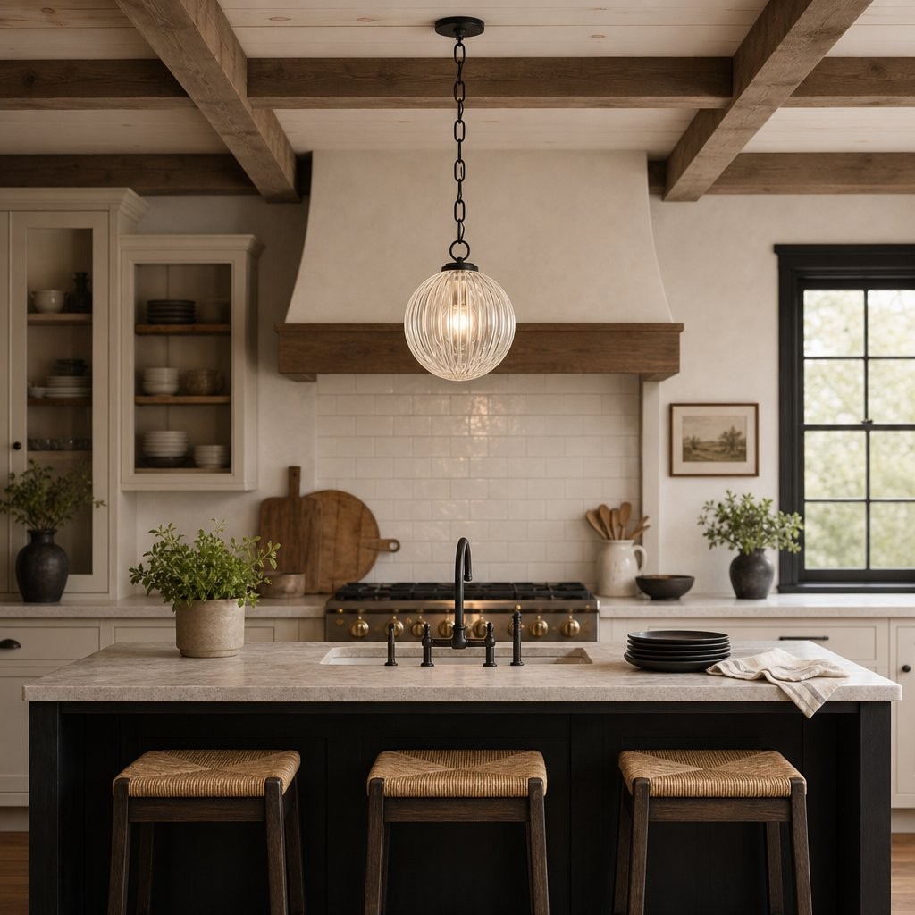 Hana Farmhouse Ribbed Glass Globe Pendant Light
