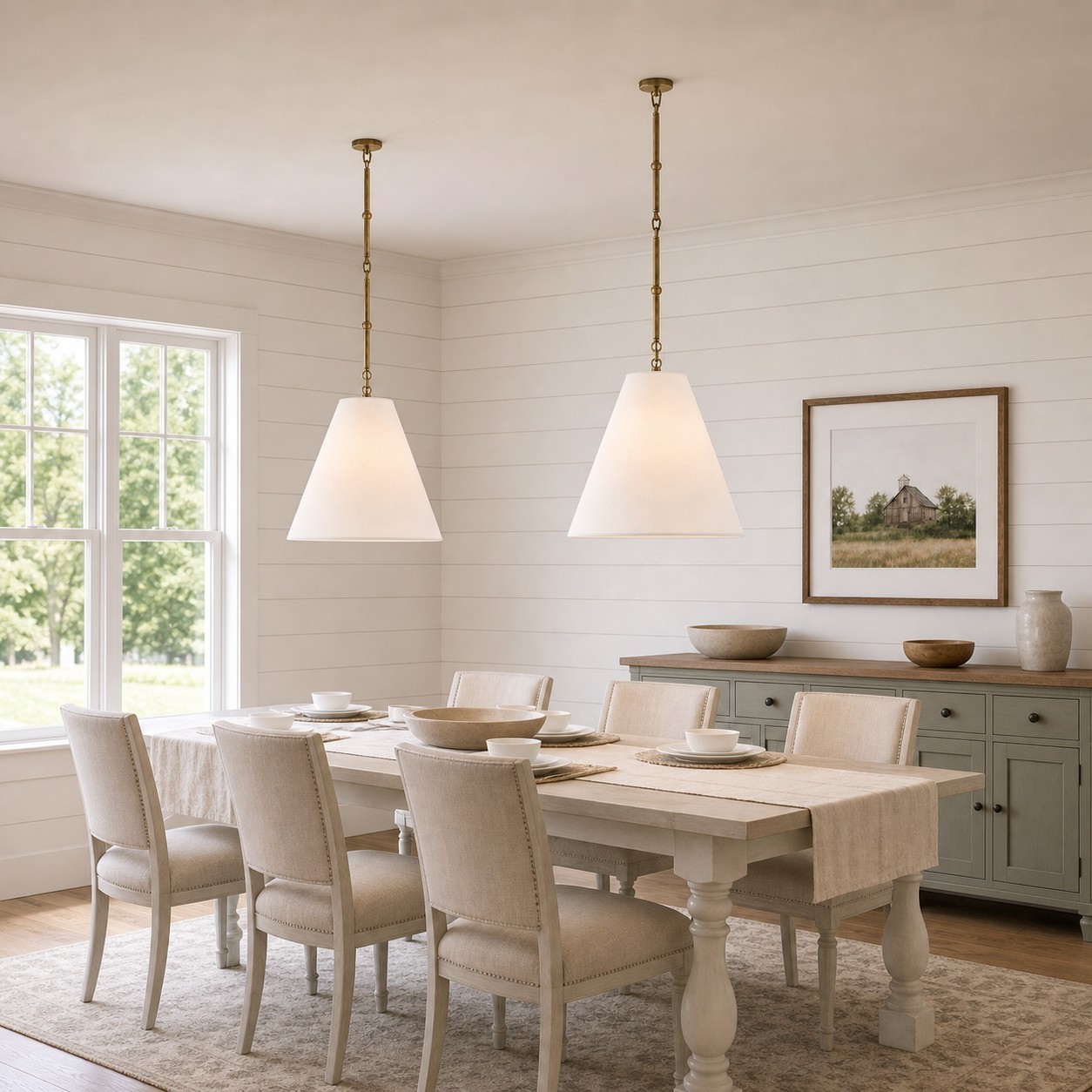 Felix Antique Brass-Finish White Fabric Cone Pendant Light