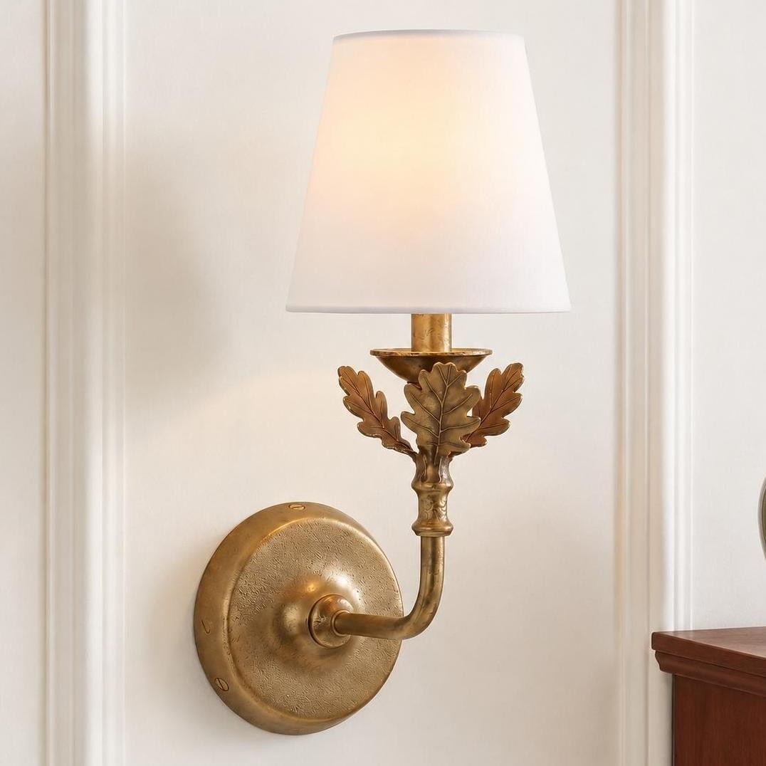 Sylvan Traditional Botanical Brass-Tone Fabric Shade Wall Sconce