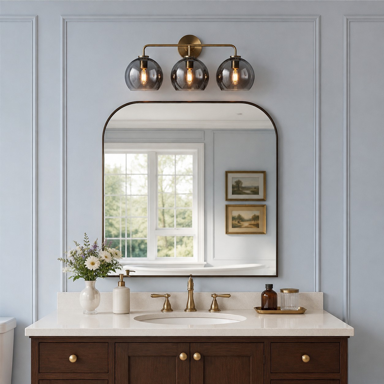 Konig Minimalist 3-Light Round Shade Brass Glass Wall Light