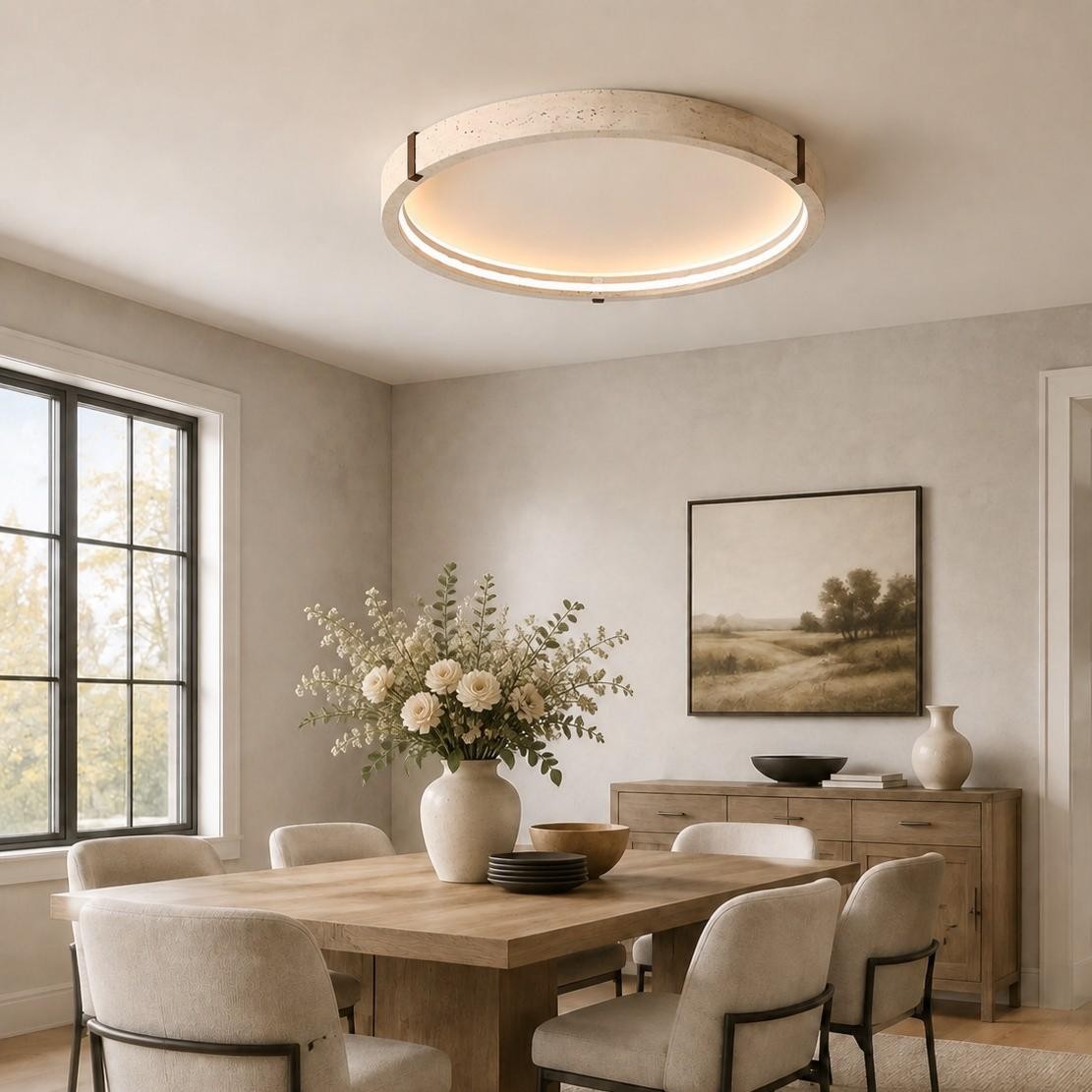 Anouk Modern Round Travertine LED Flush Mount Ceiling Light