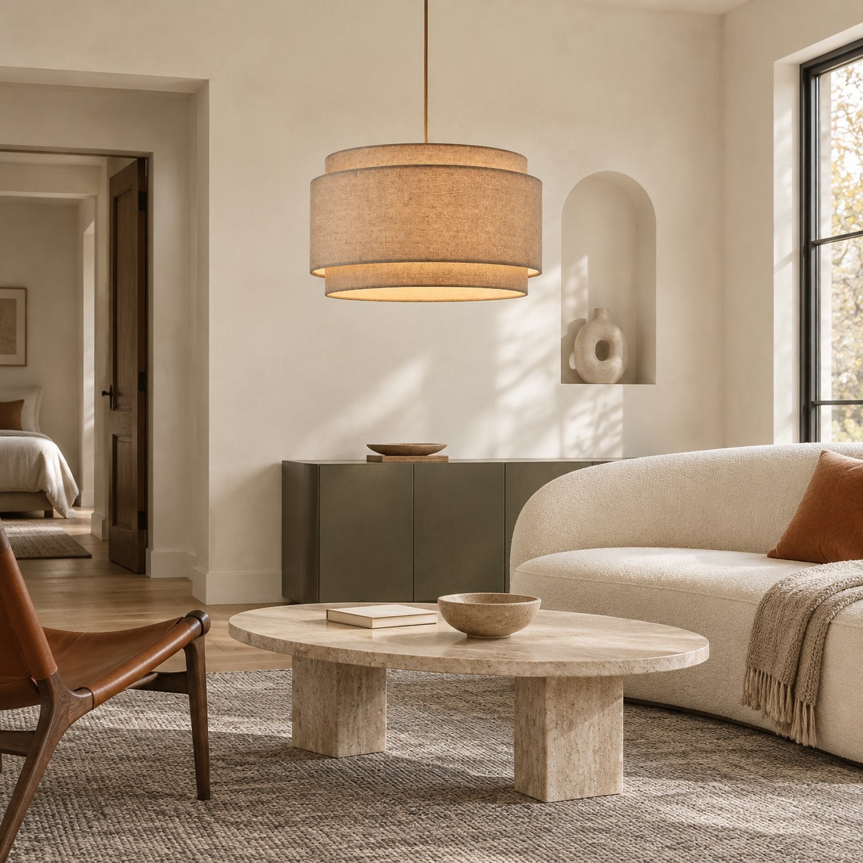 Virelai Modern Linen Double Drum Pendant Light