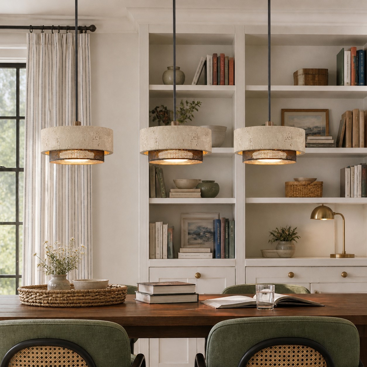 Calista Contemporary Travertine Metal Mesh Drum Pendant Light