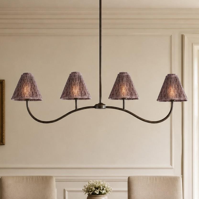 Mirelle French Country Style Pleated Floral Fabric Linear Four-Light Pendant Light