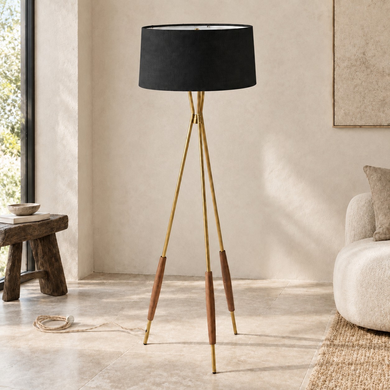 Kimaya Japanese Wabi Sabi Wood Tripod Floor Lamp