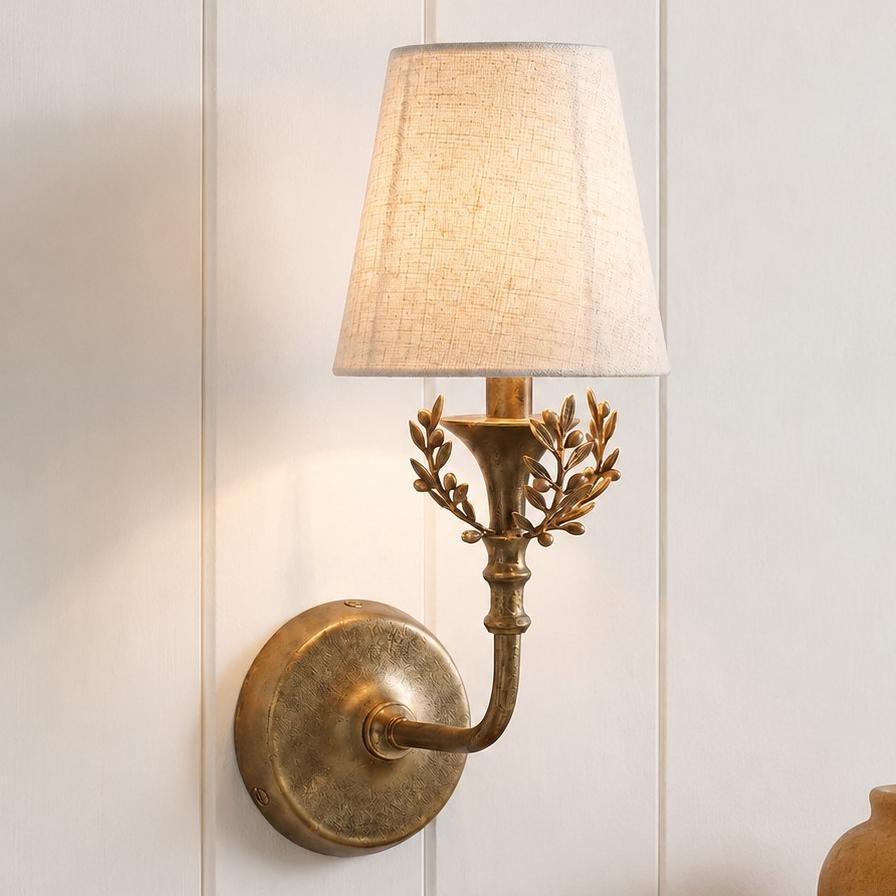 Sylvan Traditional Botanical Brass-Tone Fabric Shade Wall Sconce