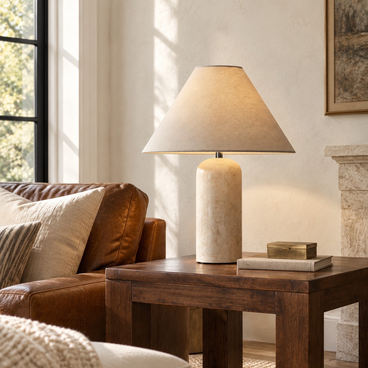 Hamlin Modern Linen & Travertine Cylindrical Table Lamp