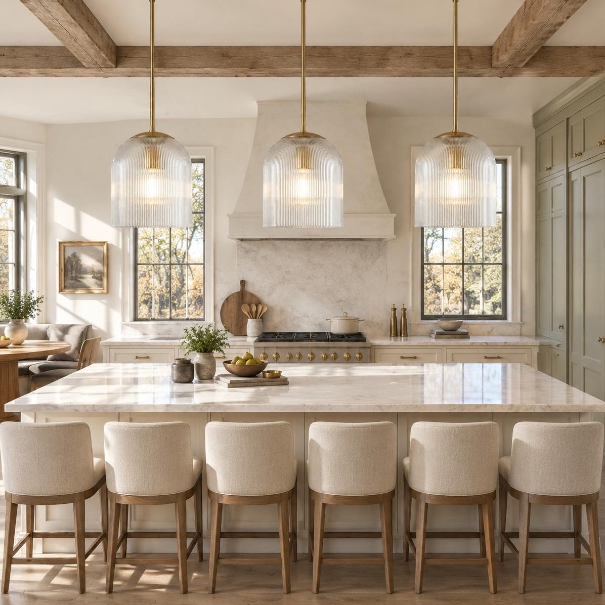 Alain Farmhouse Cooper Ribbed Glass Pendant Light For Dining Room & Kitchen