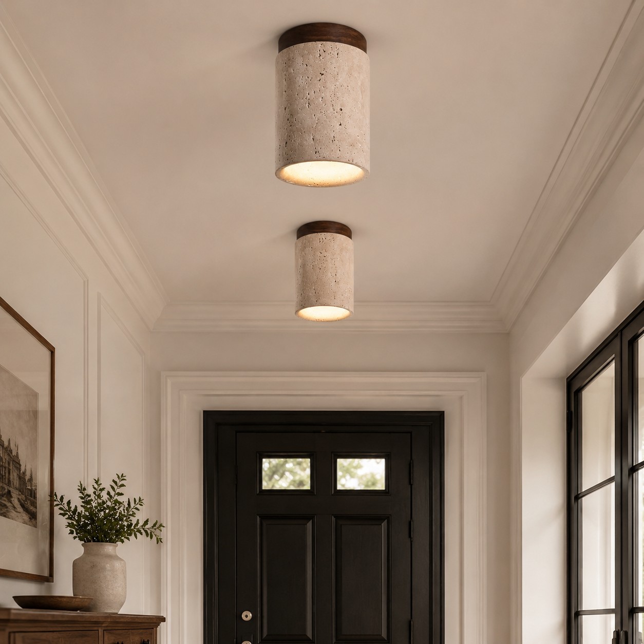 Hyrion Mini Wood And Stone Cylinder Travertine Ceiling Light