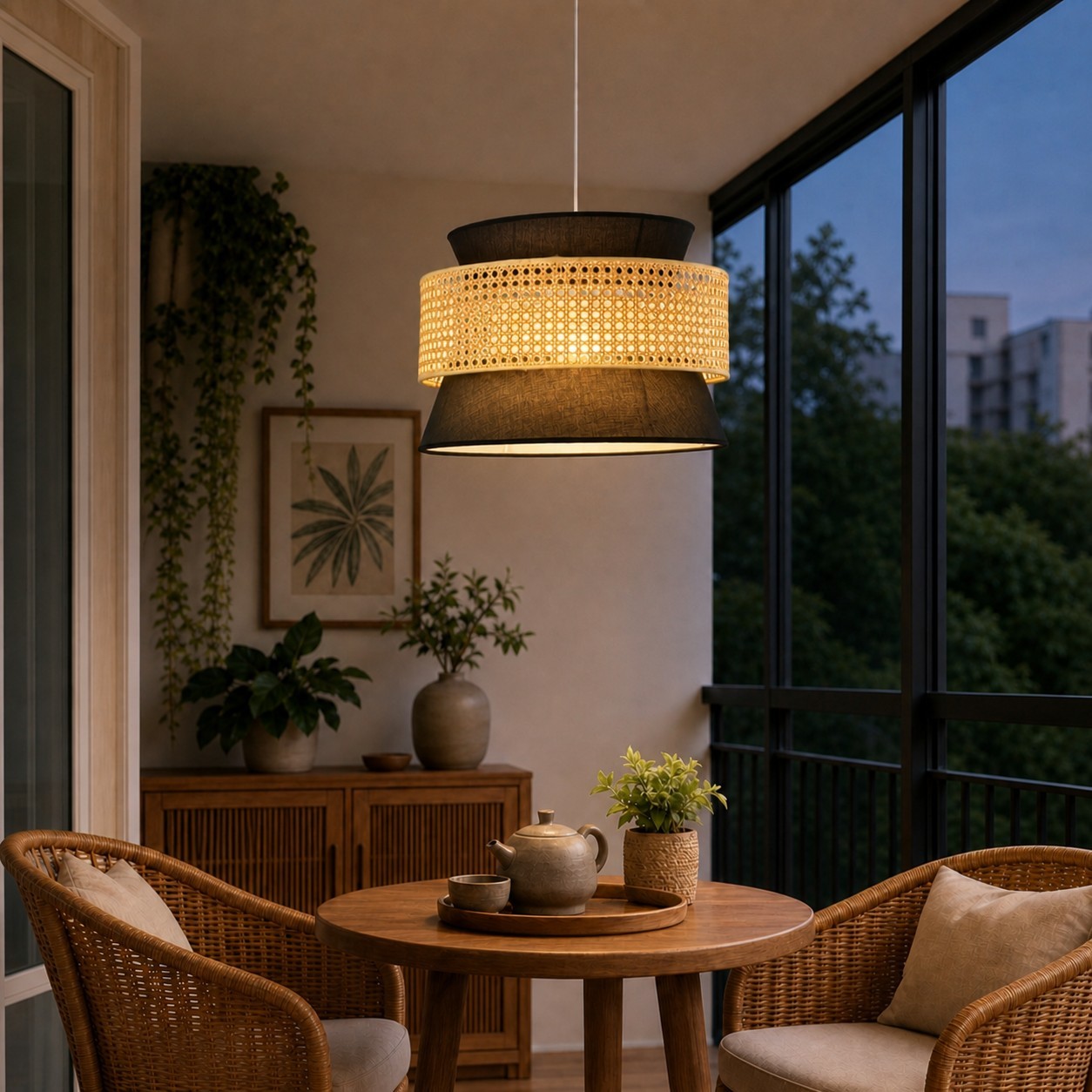 Lyzar Rustic Tiered Rattan Fabric Pendant Light