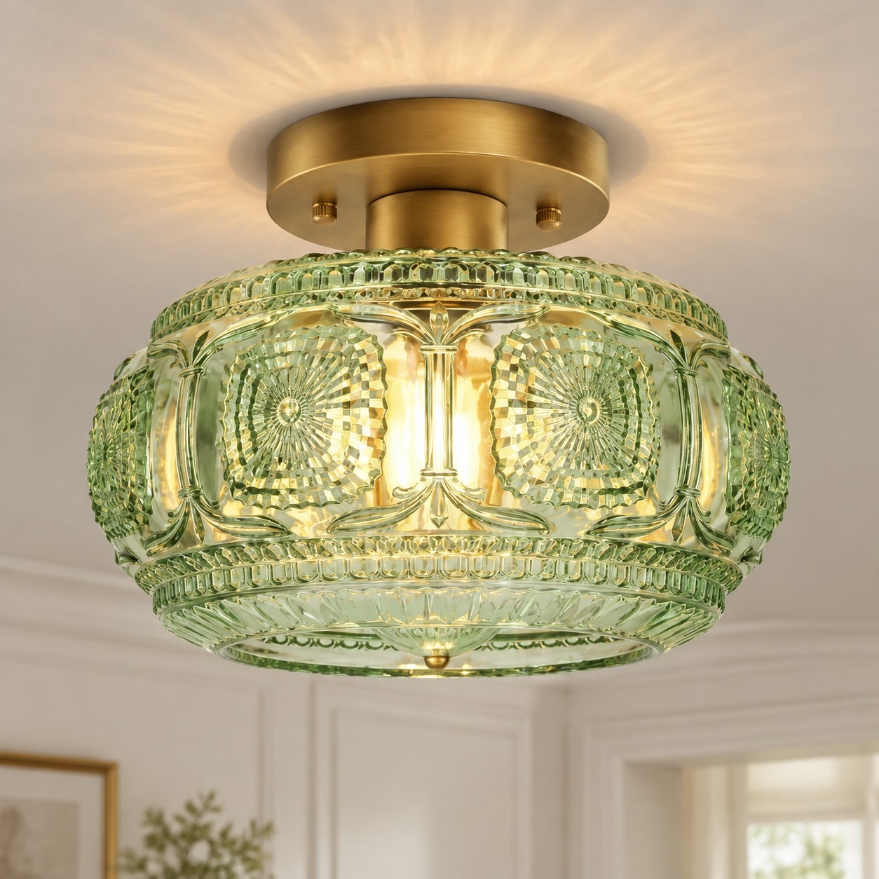 Ixionis Retro Carved Glass Semi Flush Ceiling Light