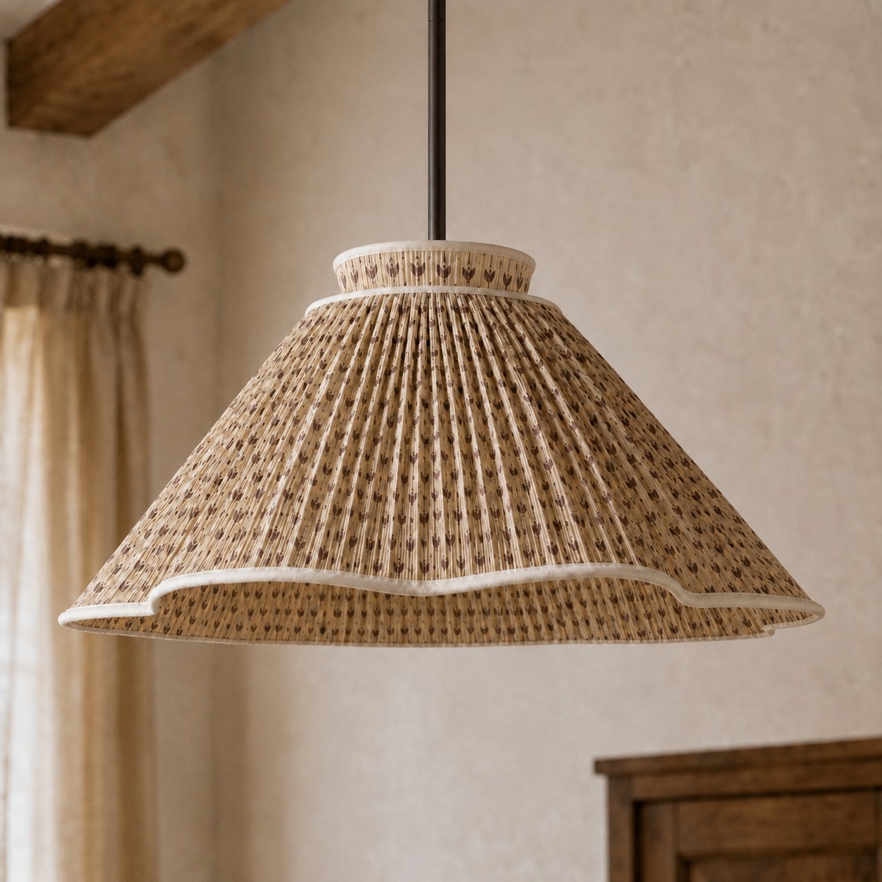 Nolan Farmhouse Vintage Floral Pleated Fabric Cone Pendant Light