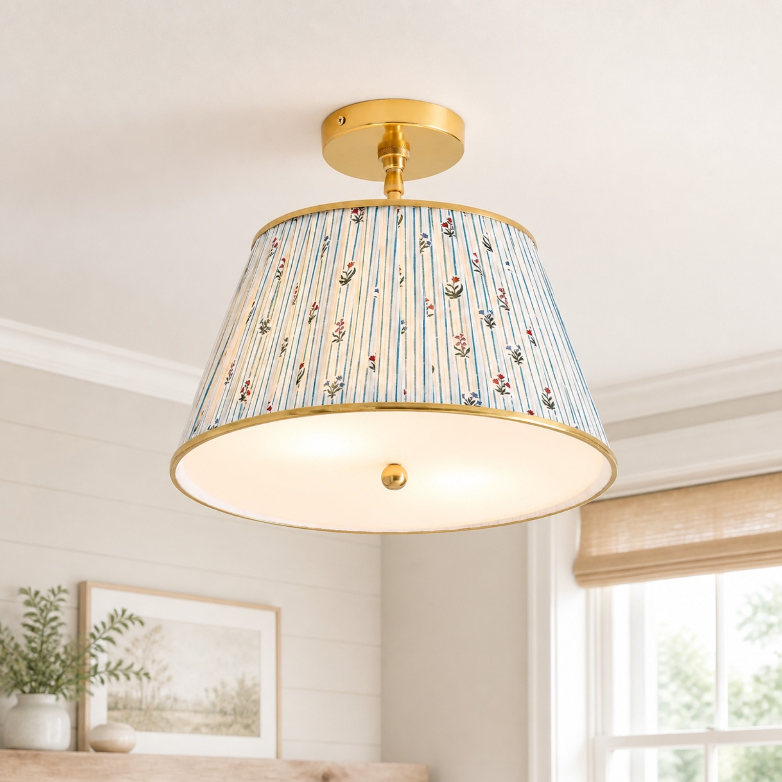Celestine French Country Pleated Fabric Semi-Flush Ceiling Light