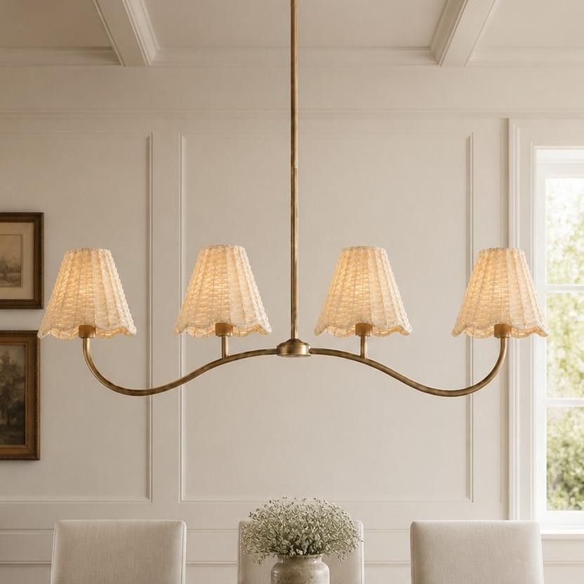 Mirelle French Country Style Pleated Floral Fabric Linear Four-Light Pendant Light