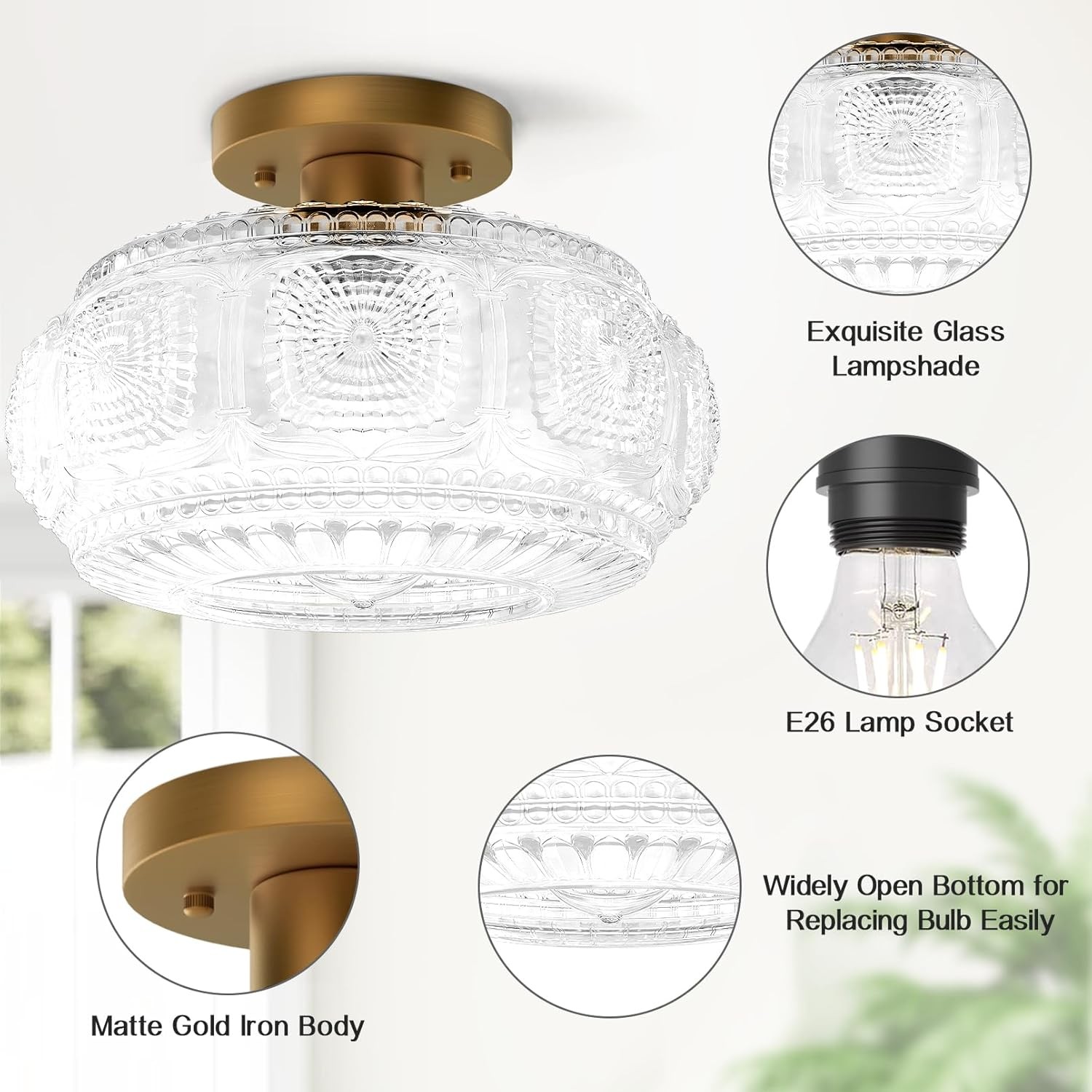 Ixionis Retro Carved Glass Semi Flush Ceiling Light