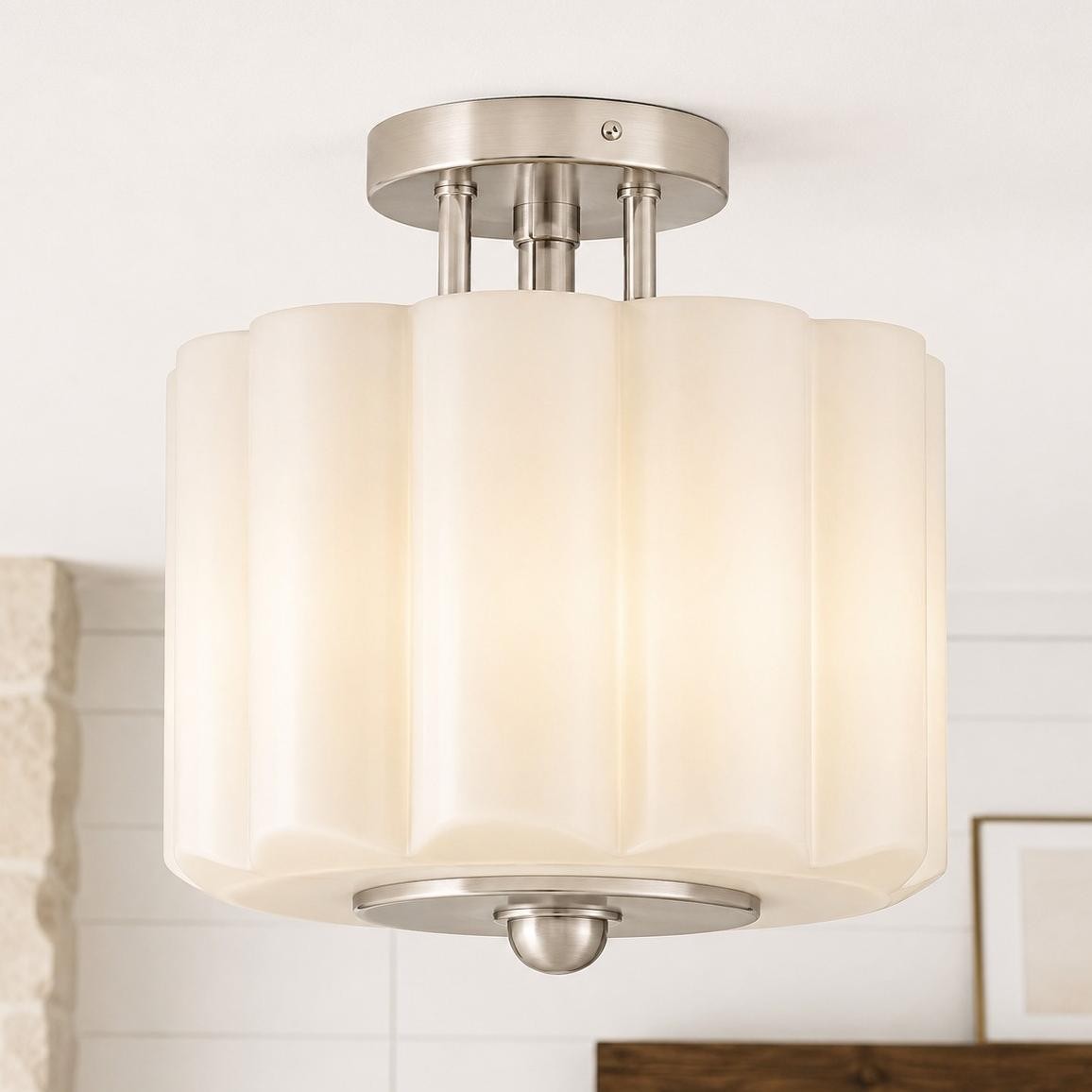 Hanahs Farmhouse Milk Glass Scalloped Shade Ceiling Light