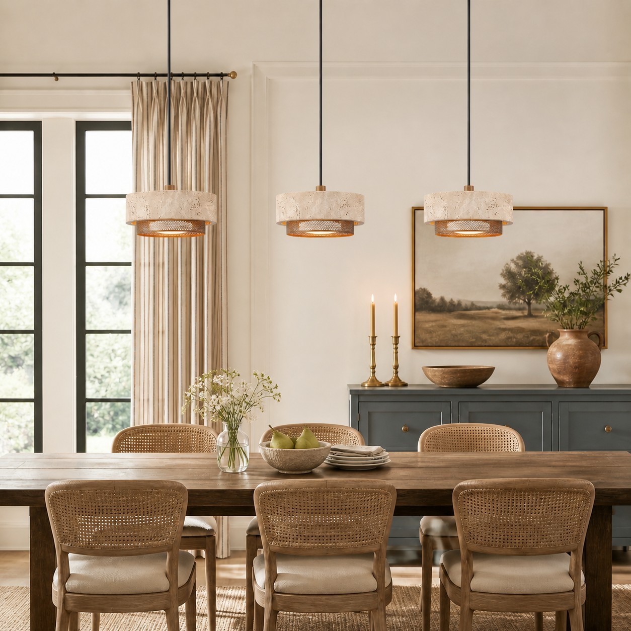 Calista Contemporary Travertine Metal Mesh Drum Pendant Light