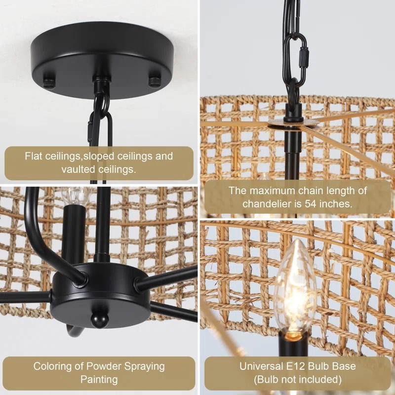 Arlo Bohemian 5 Light Natural Rattan Drum Chandelier