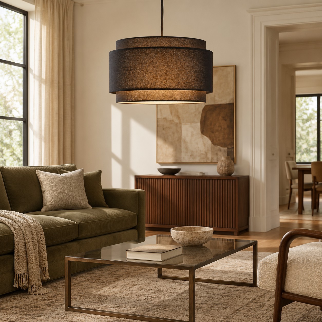 Virelai Modern Linen Double Drum Pendant Light