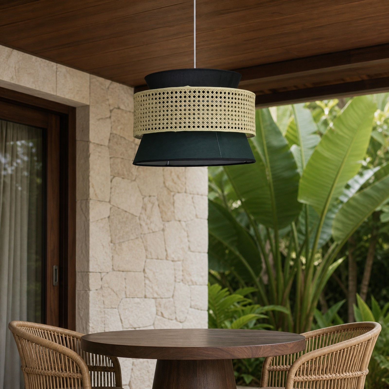 Lyzar Rustic Tiered Rattan Fabric Pendant Light