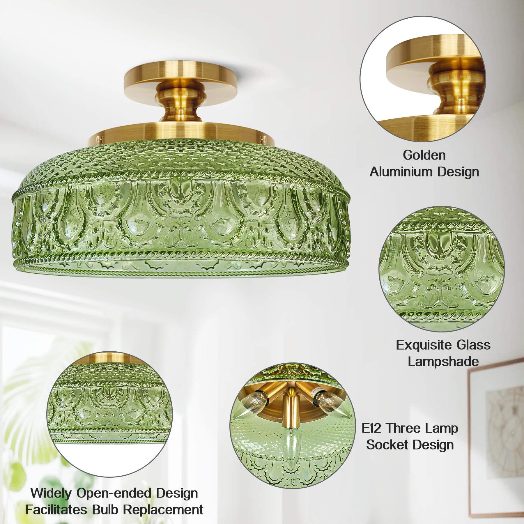 Santos Vintage Hand Carved Floral Clear Glass Semi Flush Mount Ceiling Light