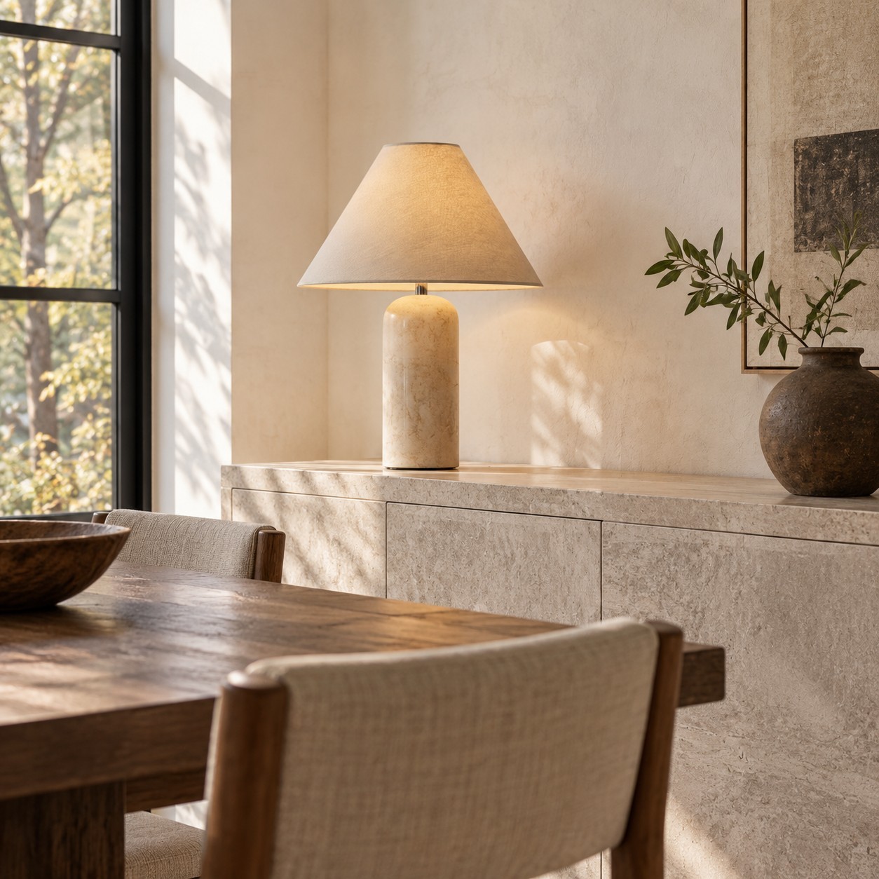Hamlin Modern Linen & Travertine Cylindrical Table Lamp