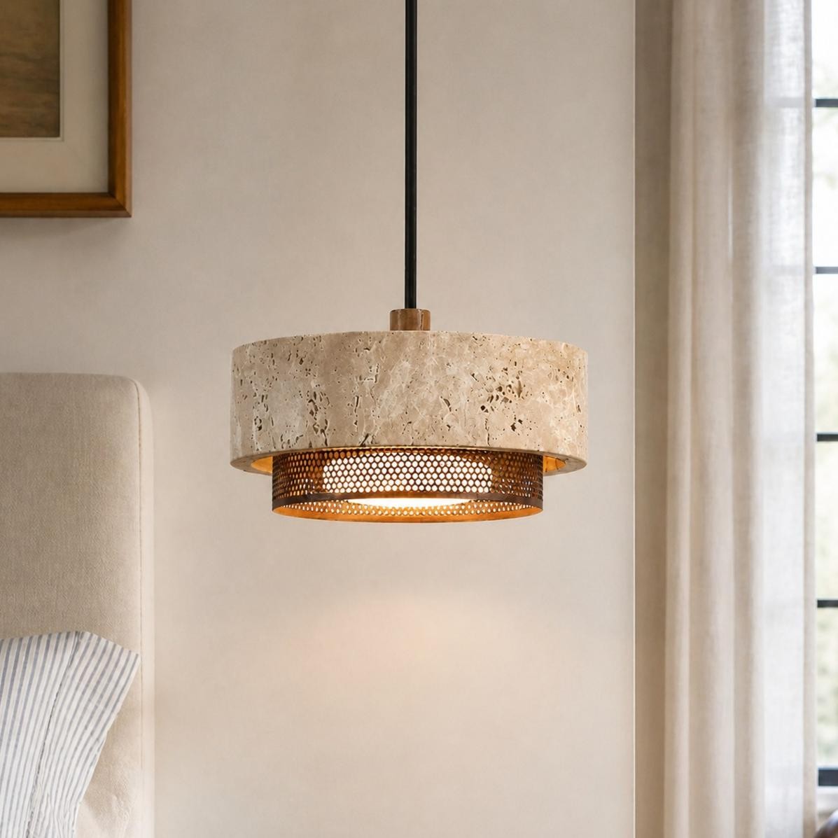 Calista Contemporary Travertine Metal Mesh Drum Pendant Light
