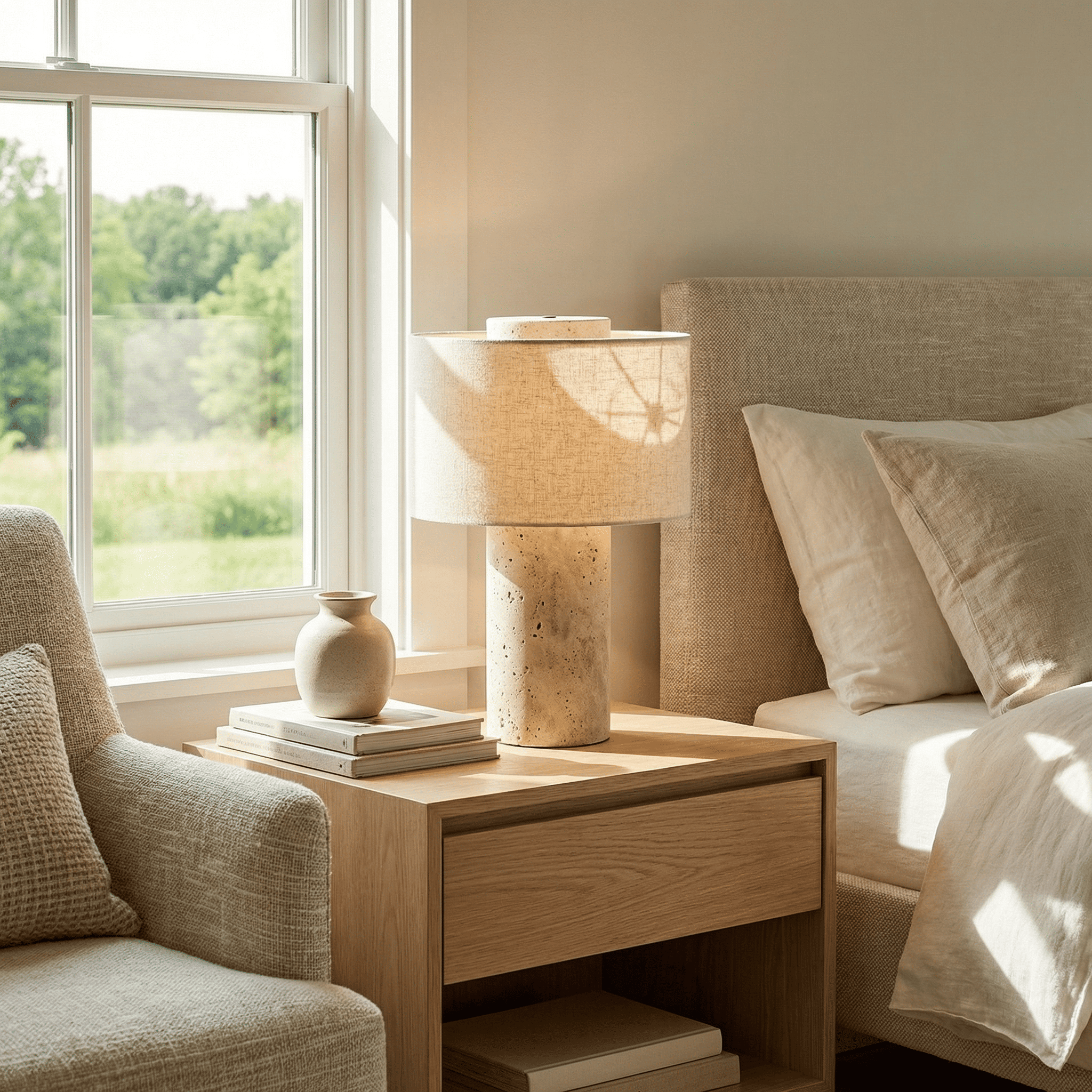 Ilona Modern Travertine Fabric Shade Table Lamp