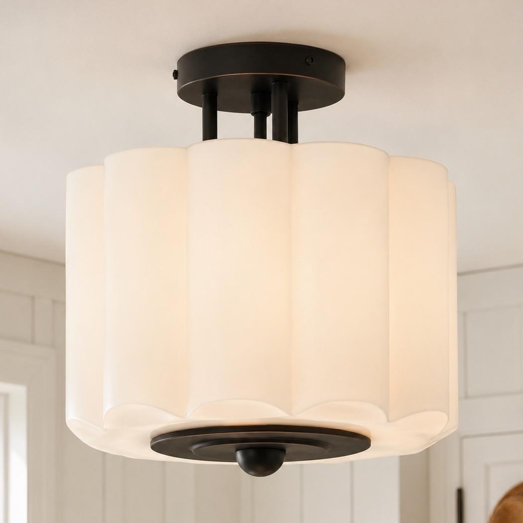 Hanahs Farmhouse Milk Glass Scalloped Shade Ceiling Light