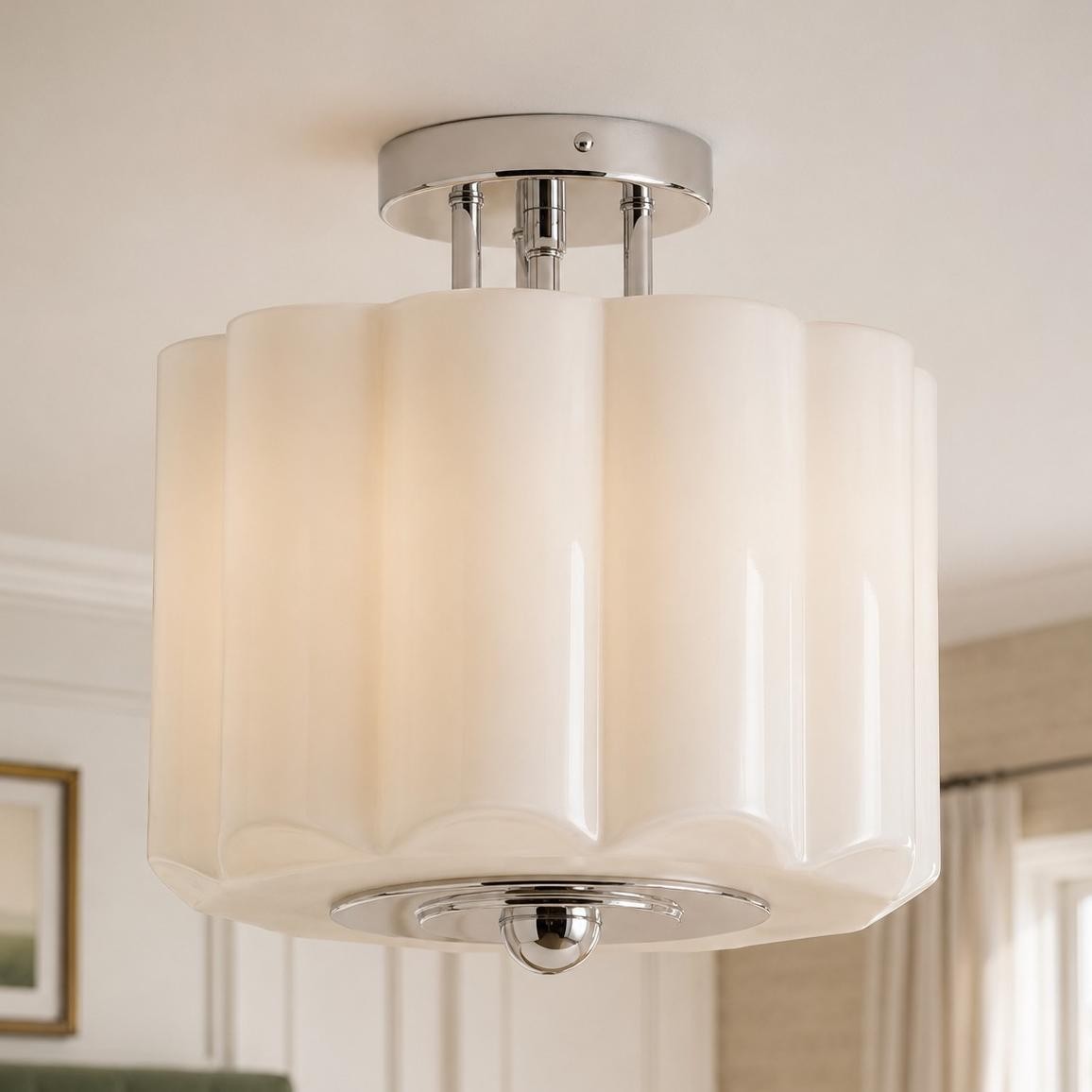 Hanahs Farmhouse Milk Glass Scalloped Shade Ceiling Light