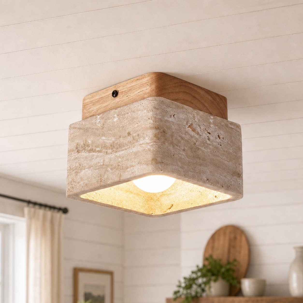 Stella Wabi Sabi Square Travertine Wood Mount Ceiling Light