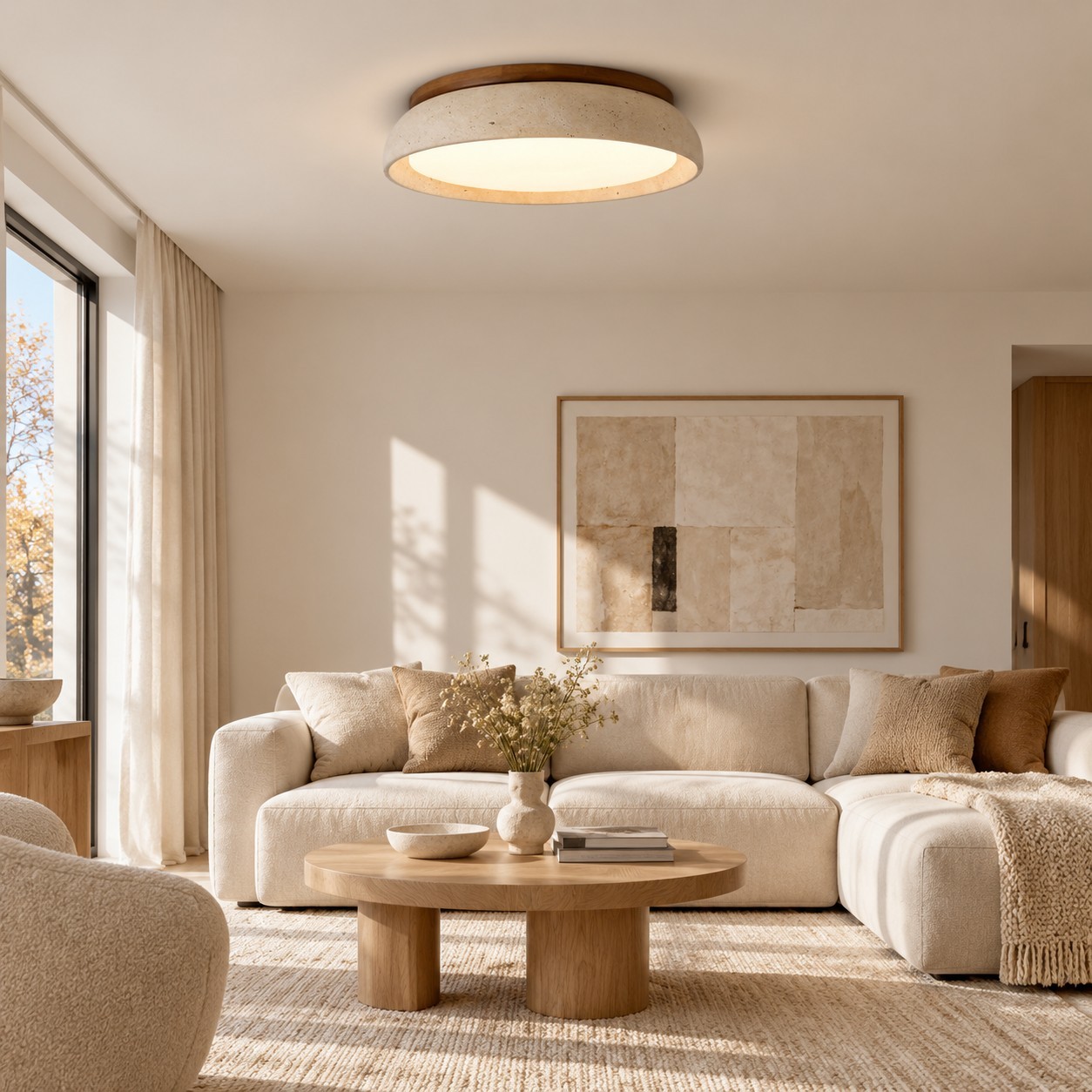 Archie Faux Travertine Round LED Flush Mount Ceiling Light