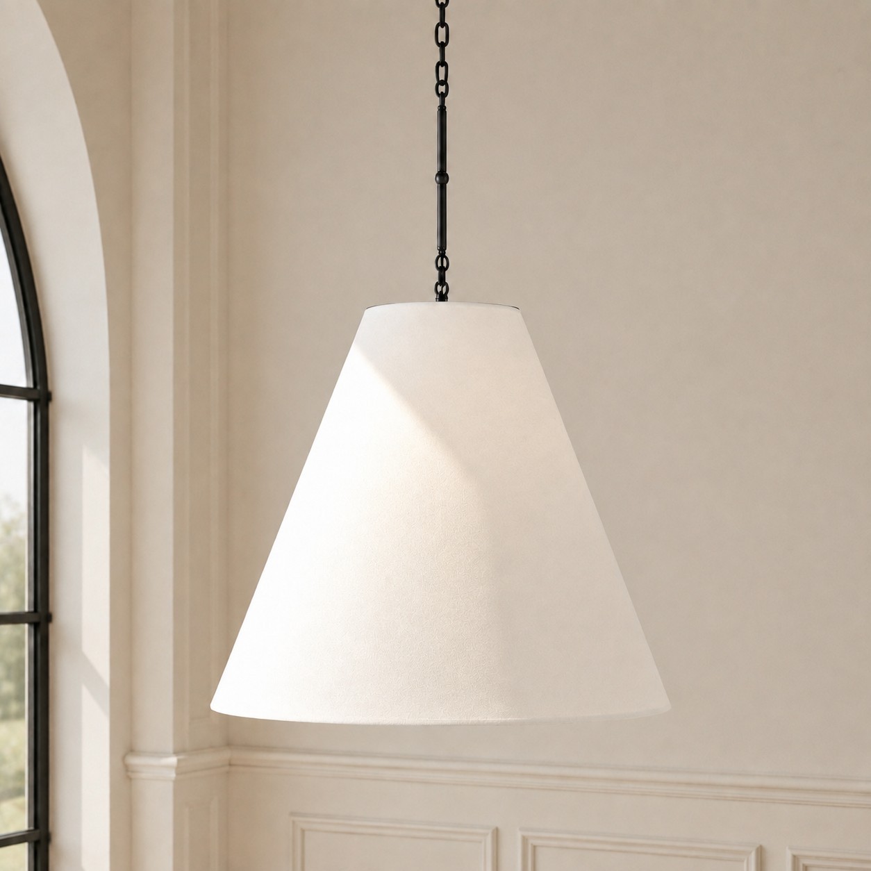 Felix Antique Brass-Finish White Fabric Cone Pendant Light