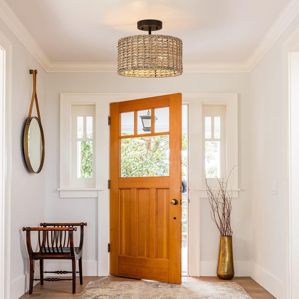 Lannister Coastal 2-Light Semi-Flush Mount Ceiling Light with Hand Woven Drum Shade for Bedroom