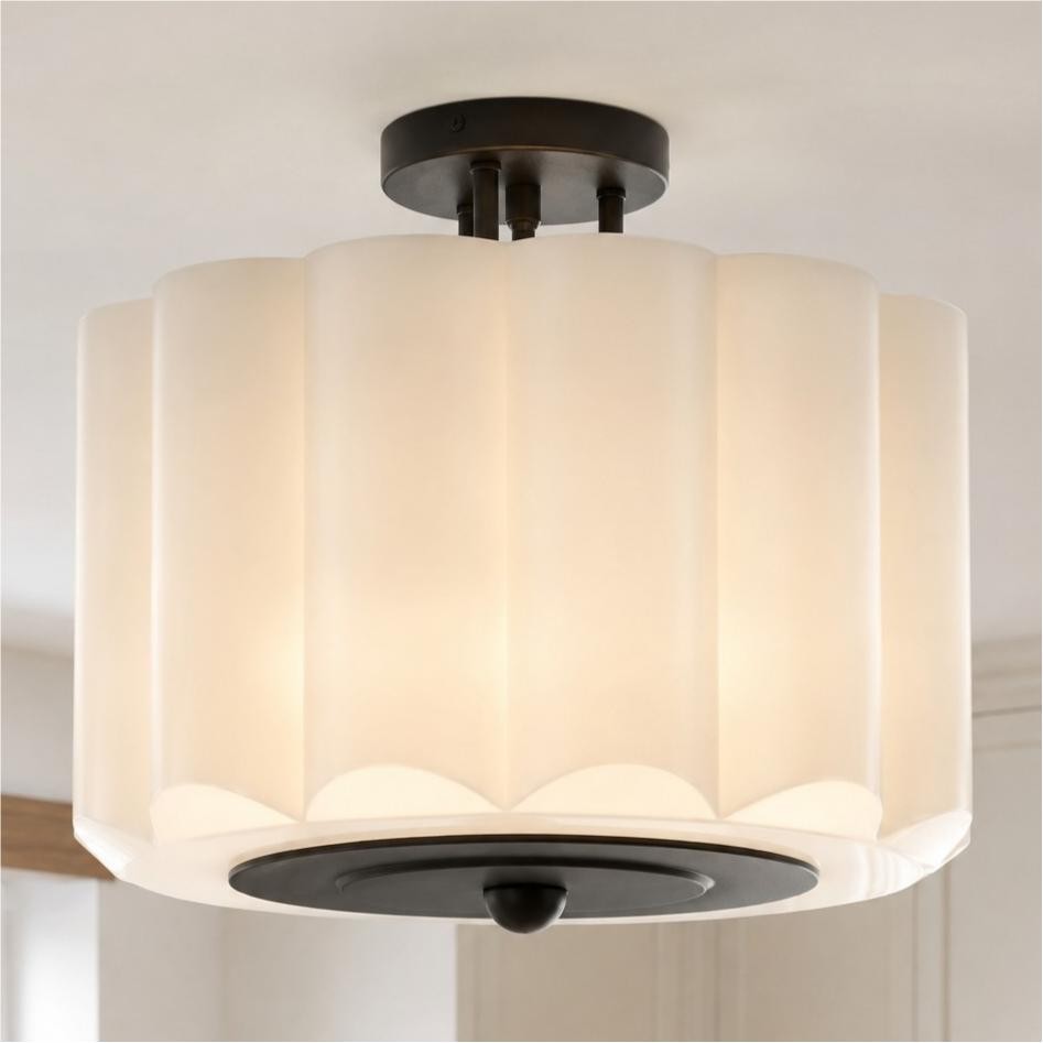 Hanahs Farmhouse Milk Glass Scalloped Shade Ceiling Light