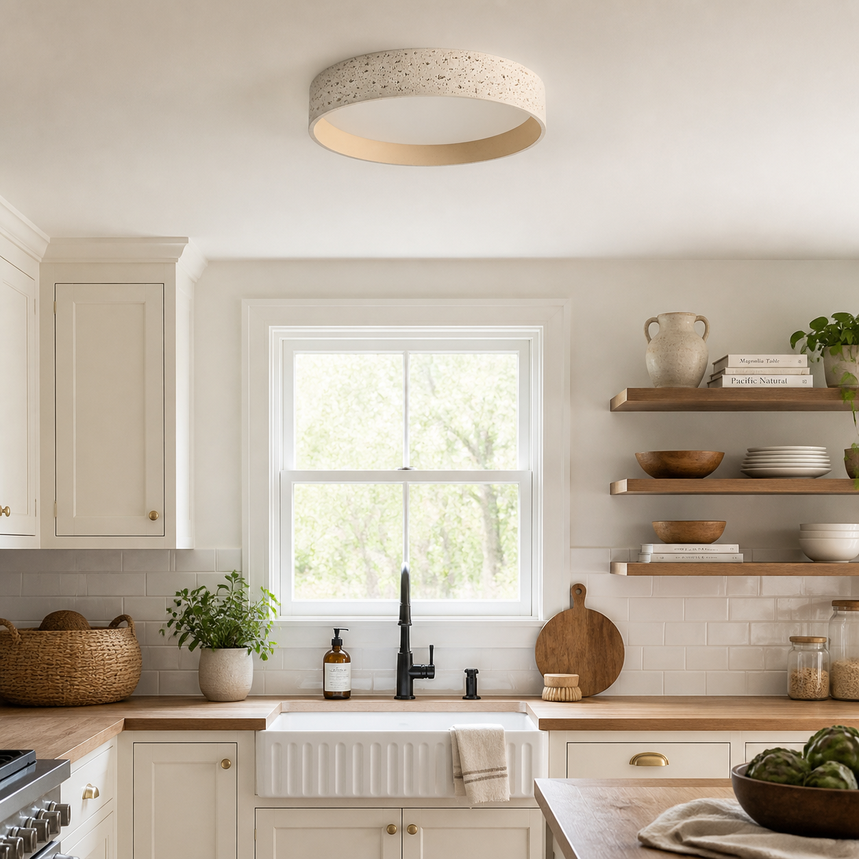Ansel Wabi Sabi LED Travertine Round Flush Mount Ceiling Light