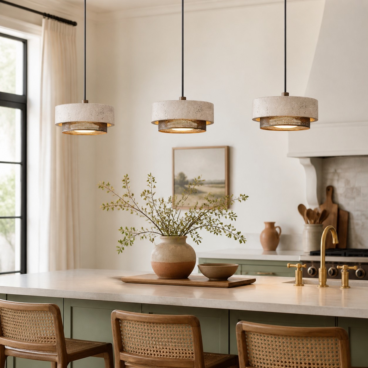 Calista Contemporary Travertine Metal Mesh Drum Pendant Light