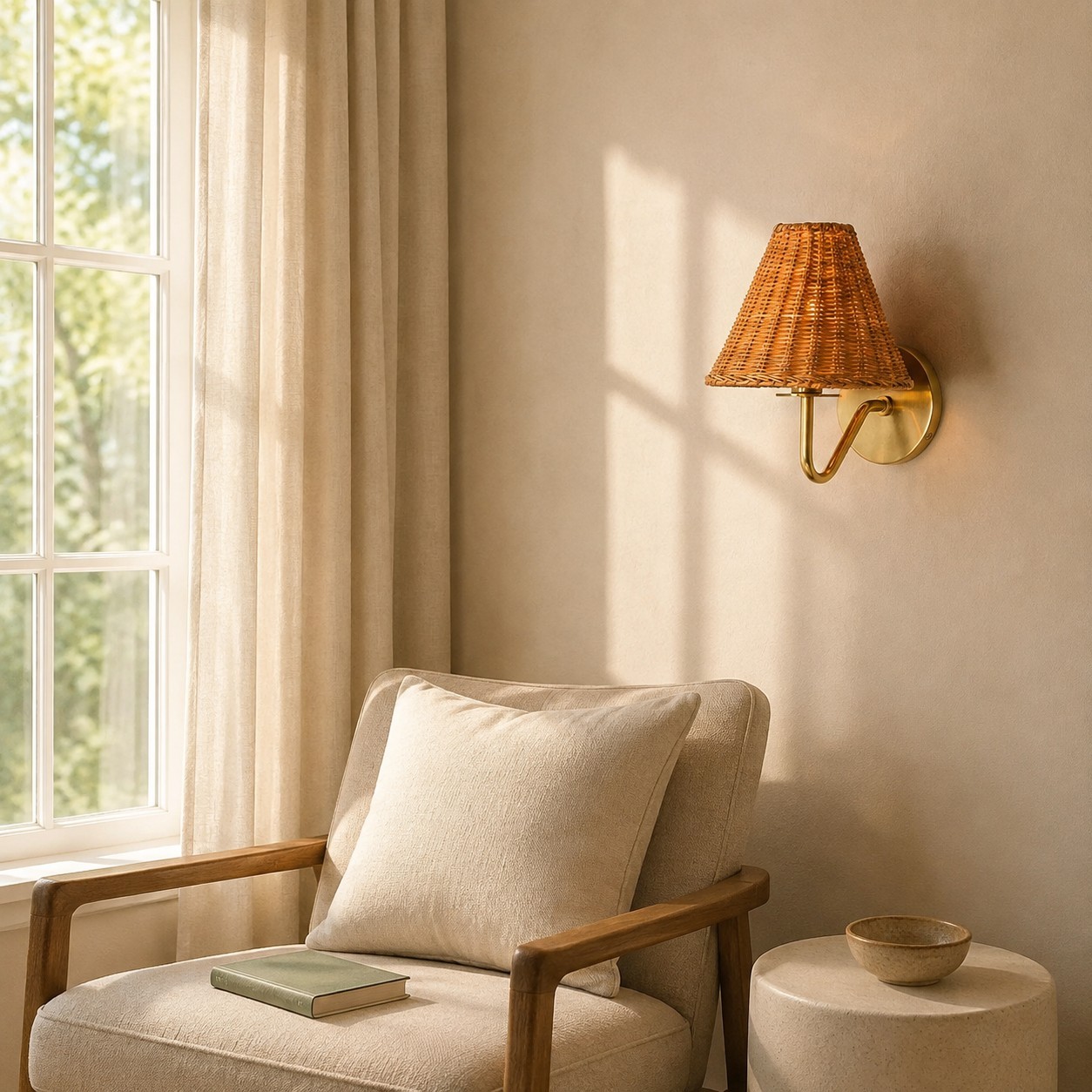 Betty Natural Rattan Cone Brass Wall Sconce
