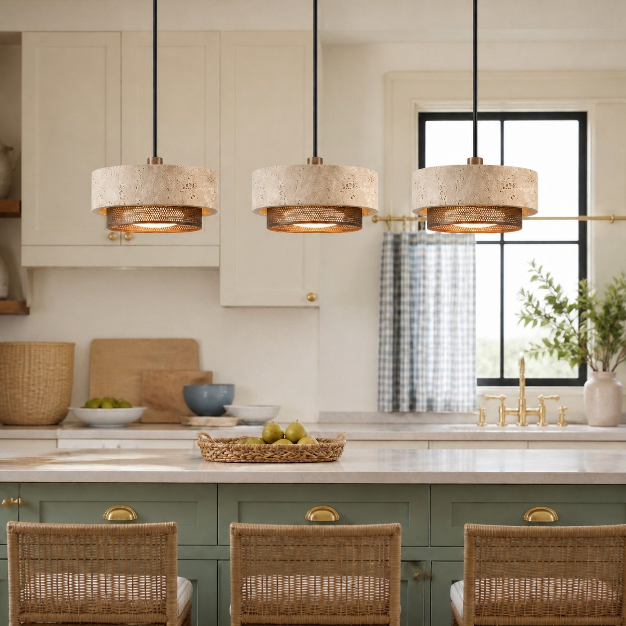 Calista Contemporary Travertine Metal Mesh Drum Pendant Light