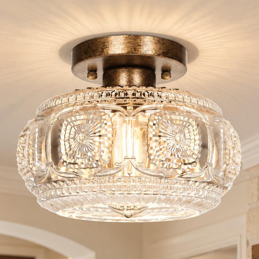Ixionis Retro Carved Glass Semi Flush Ceiling Light