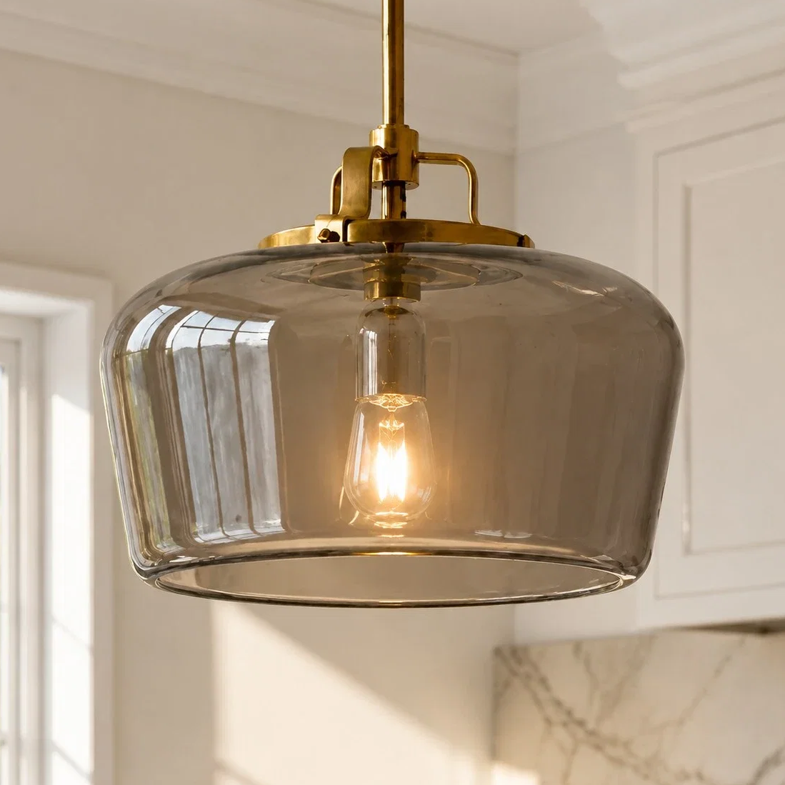 Nathaniel Vintage Brass Rounded Bowl Glass Shade Pendant Light