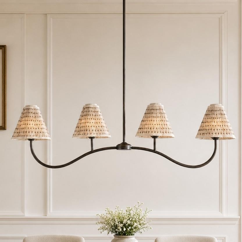Mirelle French Country Style Pleated Floral Fabric Linear Four-Light Pendant Light