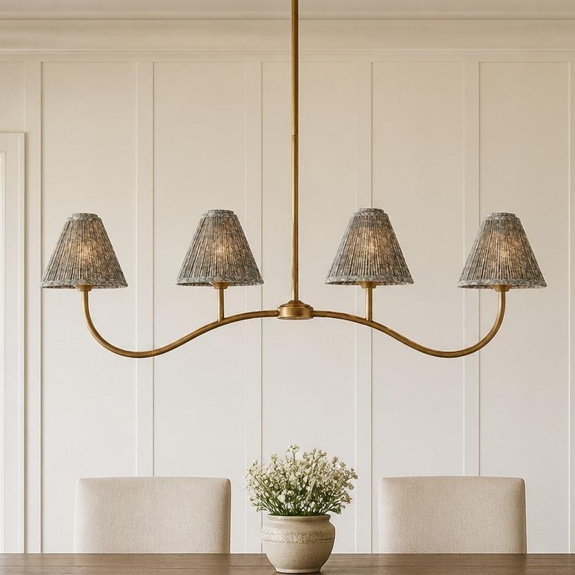 Mirelle French Country Style Pleated Floral Fabric Linear Four-Light Pendant Light