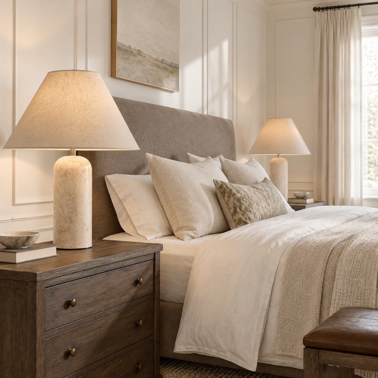 Hamlin Modern Linen & Travertine Cylindrical Table Lamp