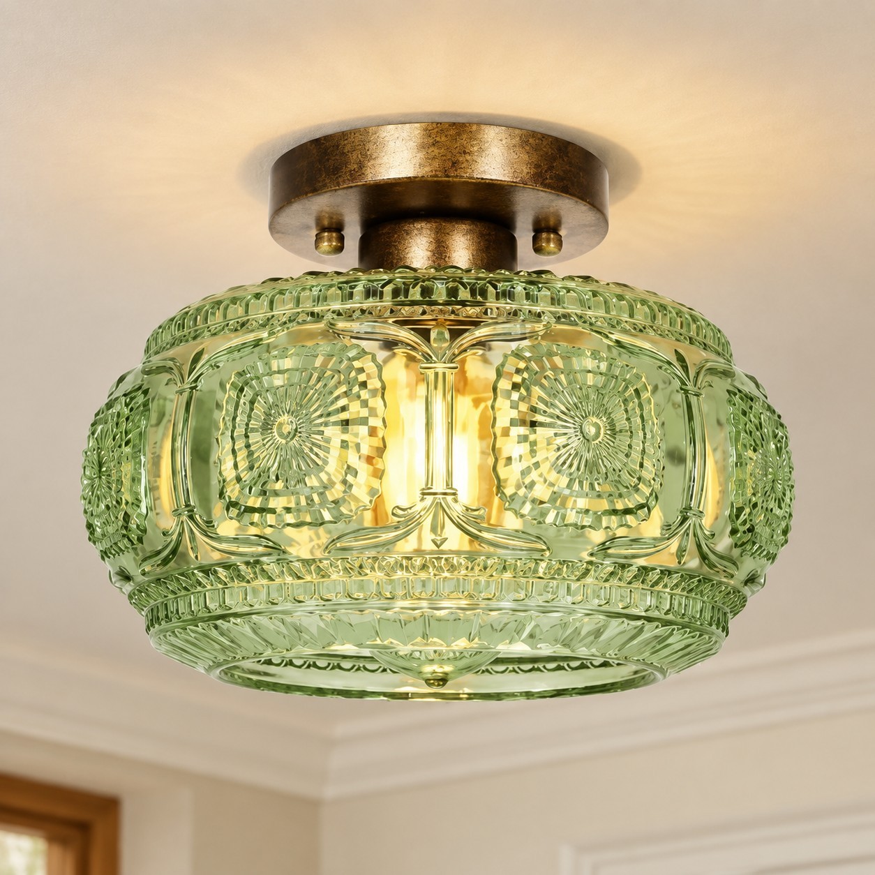 Ixionis Retro Carved Glass Semi Flush Ceiling Light